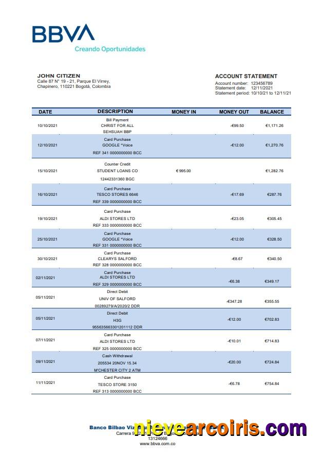 Colombia BBVA bank staement
